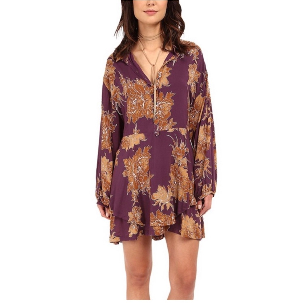 Free People FP Shake It Boho Floral Print Mini Tiered Shirt Dress Size XS